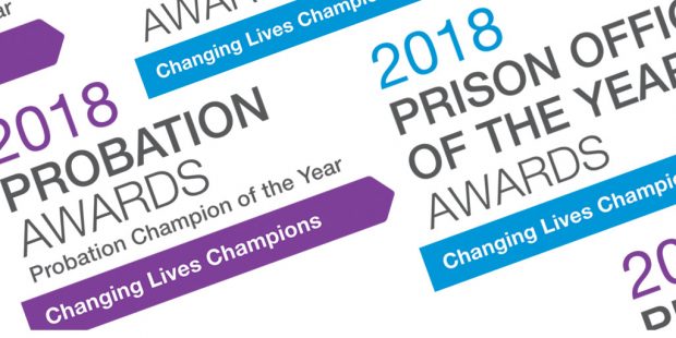 Logos from the 2018 probation awards and prison officer of the year awards. Both feature the name of the awards with an arrow that saying changing lives champions. The colour of the probation logo is purple. The colour of the prison officer logo is blue.