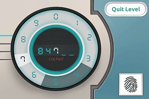 Example screen shot from prison officer online test. A combination lock on a safe with 3 of the 5 numbers entered and a choice of numbers 1 to 8 for the remaining answers. In the top right corner of the screen the words "quit level" can be seen and in the bottom right is an illustration of a fingerprint a 
