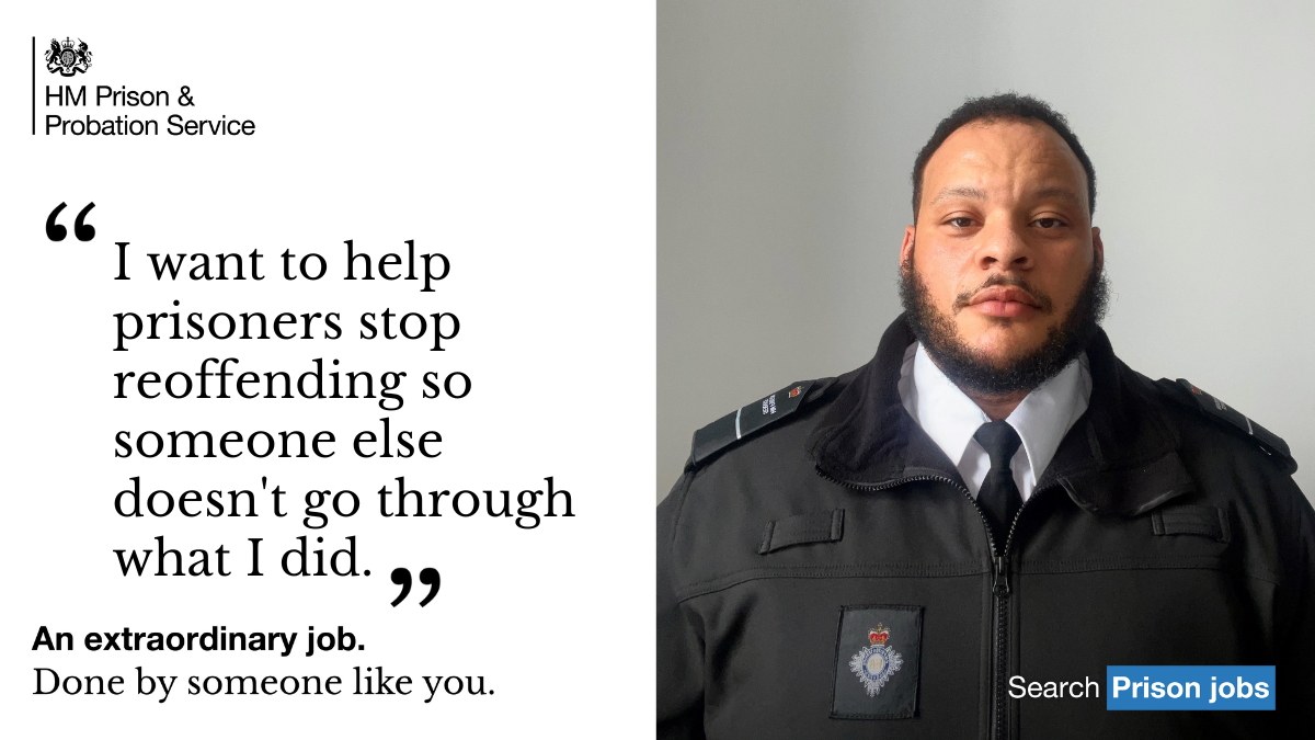 Picture of prison officer, Leroy, with quote "I want to help prisoners stop reoffending so someone else doesn't go through what I did."